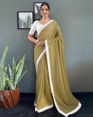 SIRIL Embellished, Self Design, Striped Bollywood Chiffon Saree(Mustard)