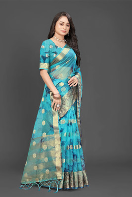 HouseOfCommon Printed Bollywood Organza Saree(Blue)