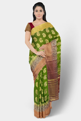 MANUMA Dyed Banarasi Dupion Silk Saree(Green)