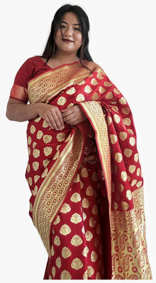 Saree House Woven Banarasi Silk Blend Saree(Maroon)