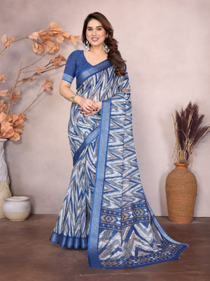 Soor Panchi Digital Print Paithani Cotton Linen Saree(Blue)