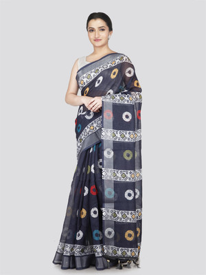 PinkLoom Printed Handloom Linen Saree(Blue)
