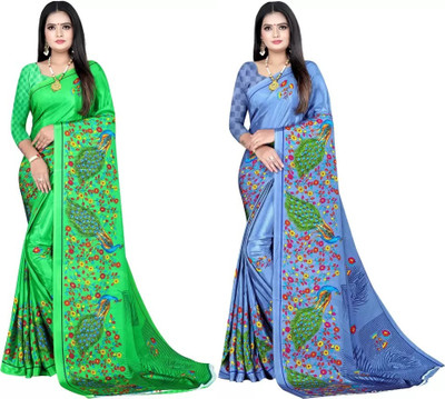 Leelavati Printed Bollywood Crepe Saree(Pack of 2, Green, Grey)