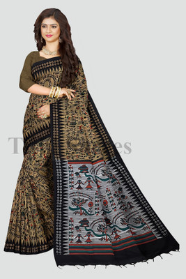 Maadurgas Printed Ikkat Cotton Blend Saree(Beige)