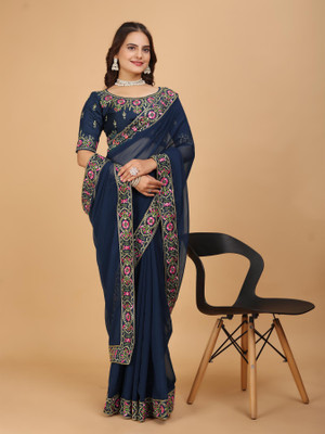 Daksh Creation Embroidered Bollywood Georgette Saree(Dark Blue)