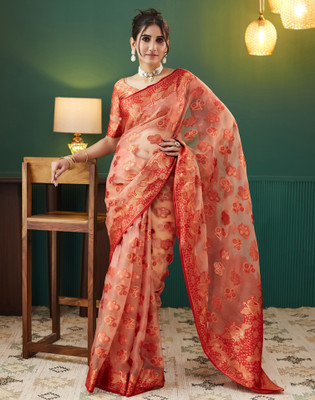 Satrani Woven, Embellished Banarasi Organza Saree(Red, Cream)