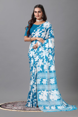 Virendra Textiles Digital Print Handloom Cotton Silk Saree(Blue)