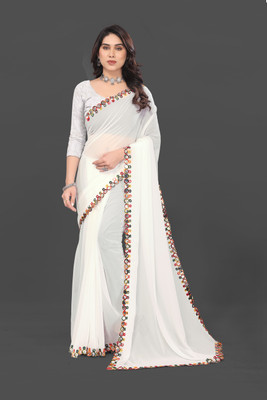 Manan Creation Embellished Bollywood Georgette, Chiffon Saree(White)