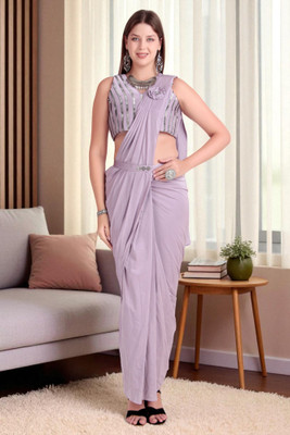 Traquila Self Design Saree with Attached Blouse Lycra Blend Saree(Purple)