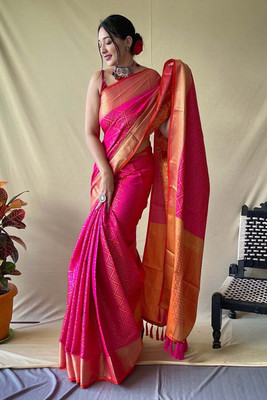 Divastri Woven Handloom Nylon Saree(Pink, Orange)