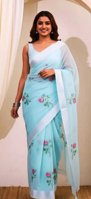 Yashasvi Creations Embroidered Kota Doria Cotton Blend Saree(Blue)