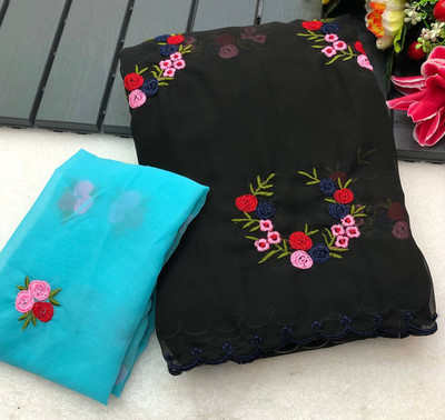 SILKORA Embroidered Bollywood Georgette Saree(Black)