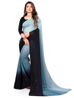 Anand Sarees Ombre, Striped, Solid/Plain Bollywood Georgette Saree(Black, Grey)