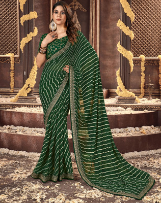SIRIL Embroidered, Striped Leheria Georgette Saree(Green)