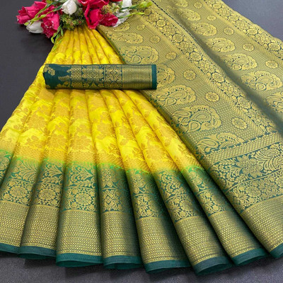 GLISIIS Temple Border Banarasi Nylon Saree(Light Green)