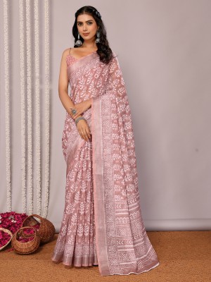 Janasya Floral Print Daily Wear Cotton Linen Saree(Pink)