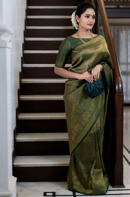 Varda Woven, Self Design Daily Wear Art Silk Saree(Dark Green)