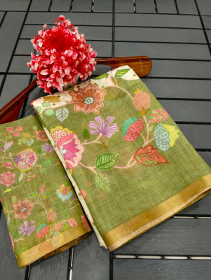 VISHNU Printed Kanjivaram Pure Cotton, Cotton Linen Saree(Green)
