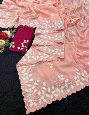 ruhu fashion Embroidered Handloom Chiffon Saree(Cream)