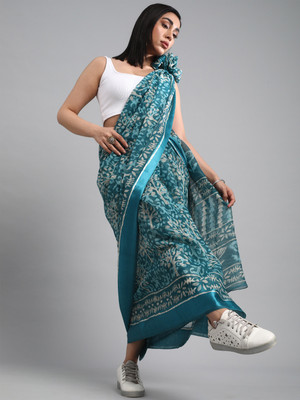 Divastri Printed Ikkat Cotton Blend Saree(Blue)