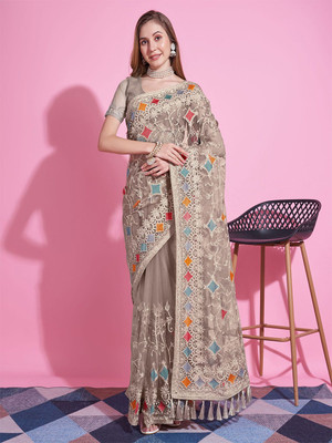 ANOUK Embroidered Chanderi Net Saree(Grey)