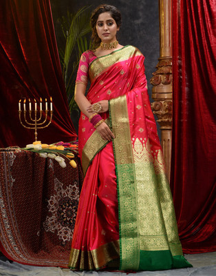 SAAREE GHAR Embroidered Banarasi Handloom Satin Saree(Pink)