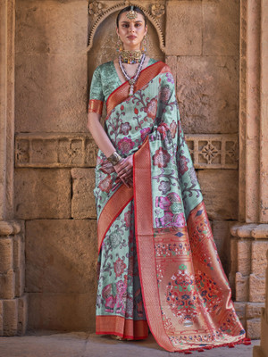 Sareemall Woven Banarasi Silk Blend Saree(Light Blue)