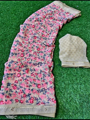 ZENFAB THREADS Printed Daily Wear Georgette Saree(Cream)