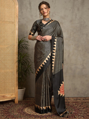 ANOUK Printed Hand Batik Crepe Saree(Black)