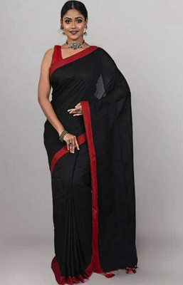 Pal Saree Senter Solid/Plain Bollywood Khadi, Pure Cotton Saree(Black, Red)