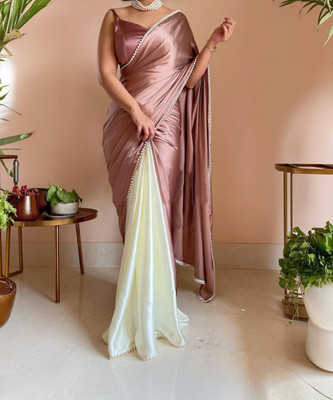BRAHMSHAKTI Solid/Plain Bollywood Satin, Pure Silk Saree(Beige)