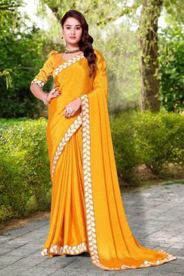 LAVYANSH CREATION Embroidered, Woven, Solid/Plain Bollywood Georgette Saree(Yellow)