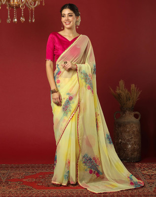 Tasrika Printed, Embellished Bollywood Chiffon, Georgette Saree(Yellow)