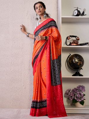 Divastri Printed Bandhani Cotton Blend Saree(Orange)