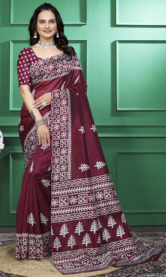 Kanooda Prints Floral Print Bollywood Art Silk Saree(Maroon)