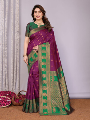 The Style Sanctuary Woven, Paisley, Geometric Print Bollywood Silk Blend Saree(Purple, Green)