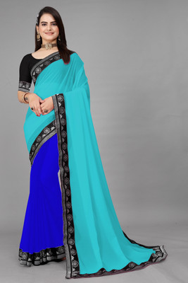 Aai shree khodiyar Self Design, Solid/Plain Bollywood Georgette Saree(Light Blue, Dark Blue)