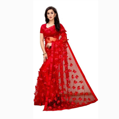 M KRISHNA CREATION Embroidered Bollywood Net Saree(Red)