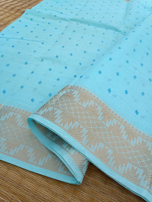 Happy Creation Printed Tant Handloom Cotton Blend Saree(Blue)