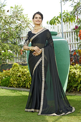 NEELMADHAV FASHION Solid/Plain Bollywood Chiffon Saree(Black)