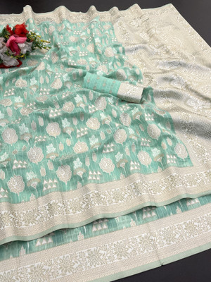 AAINA CREATION Printed Bollywood Tissue Saree(Light Green, White)