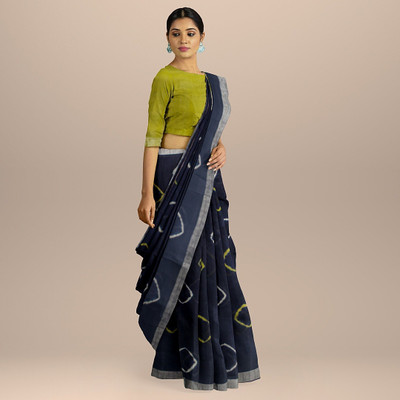 SAMAYARA FASHION Printed Handloom Cotton Blend Saree(Dark Blue)