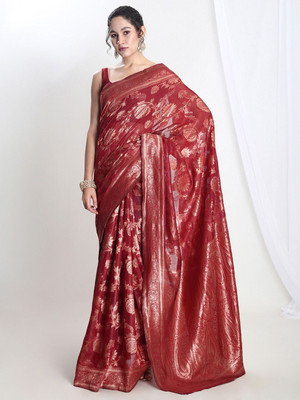 Janasya Woven Banarasi Silk Blend Saree(Red)