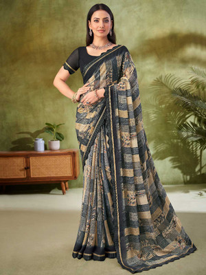 Divastri Floral Print, Geometric Print, Digital Print, Printed Bollywood Chiffon Saree(Beige, Black)