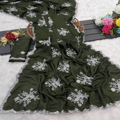 Sucikarman Embroidered Bollywood Silk Blend Saree(Dark Green)