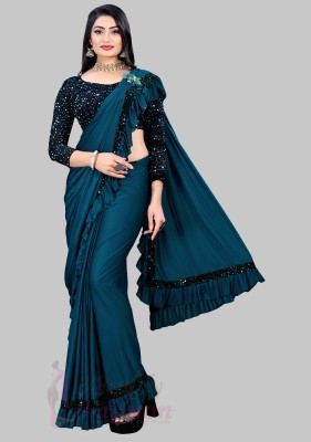 3Buddy Fashion Solid/Plain Bollywood Lycra Blend Saree(Dark Blue)