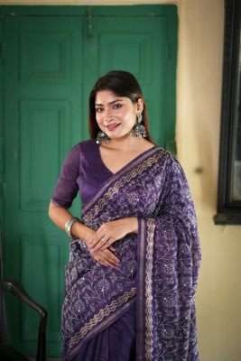 PeachPetals Printed, Floral Print Banarasi Cotton Silk Saree(Purple)