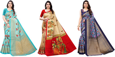 YASHIKA Printed, Woven Kanjivaram Art Silk Saree(Pack of 3, Blue, Beige)