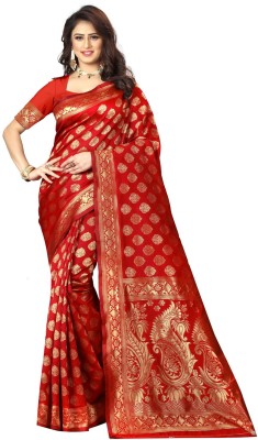 WEYLIN Woven, Self Design, Solid/Plain, Temple Border, Embellished, Embroidered, Floral Print Banarasi Jacquard, Cotton Silk Saree(Red)