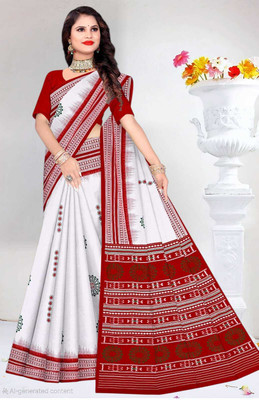 Tareninx Printed Sambalpuri Pure Cotton Saree(White, Red)